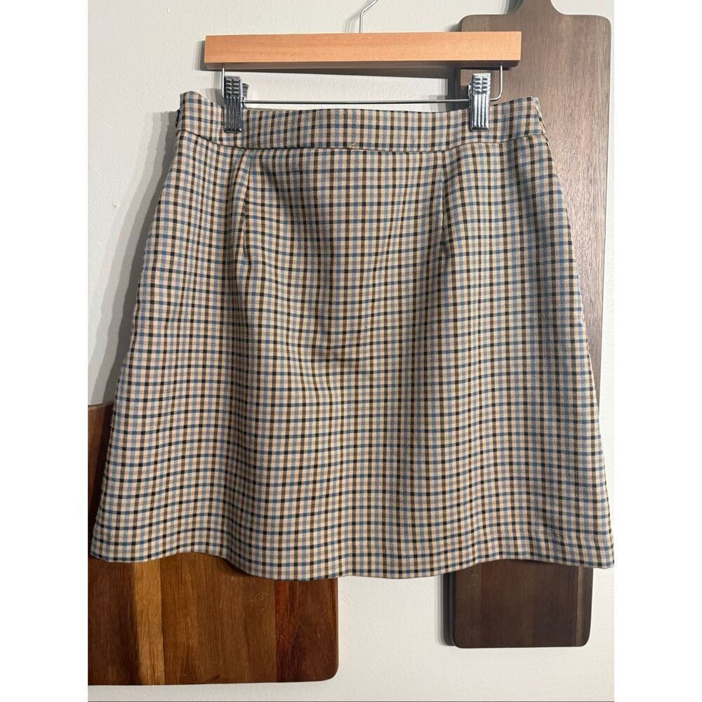 Allie Rose Tan Blue Plaid Pleated Front Lined Academia Mini Skirt Size Medium - Picture 2 of 5